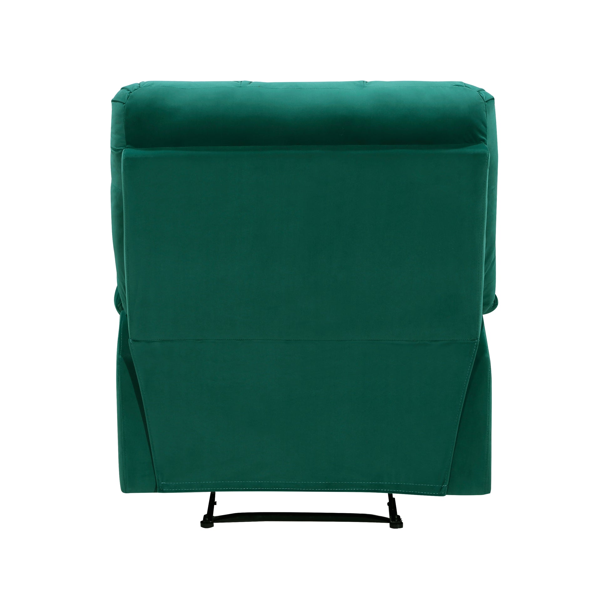 Back view of a tufted emerald green velvet armchair with black metal legs