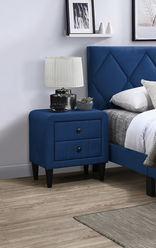 Blue velvet nightstand with two drawers and black knobs