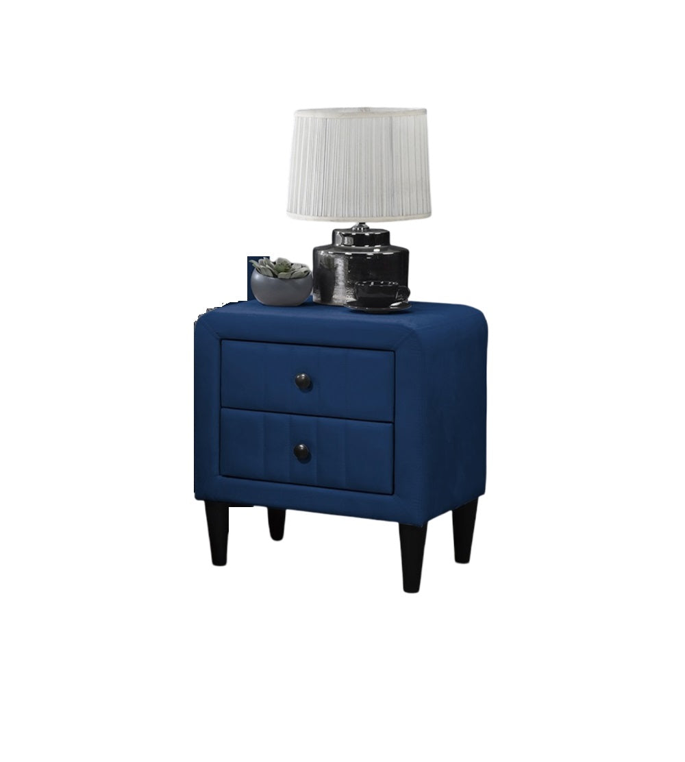Upholstered navy blue nightstand with two drawers and black tapered legs