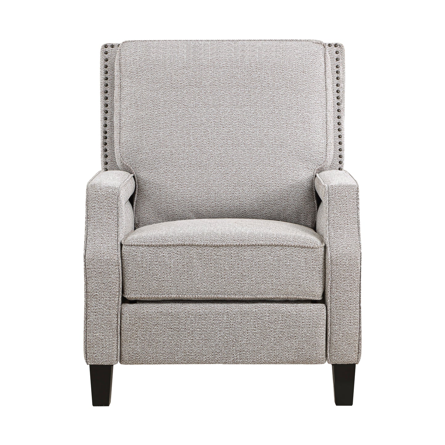 Gray recliner with textured fabric and decorative nailhead trim