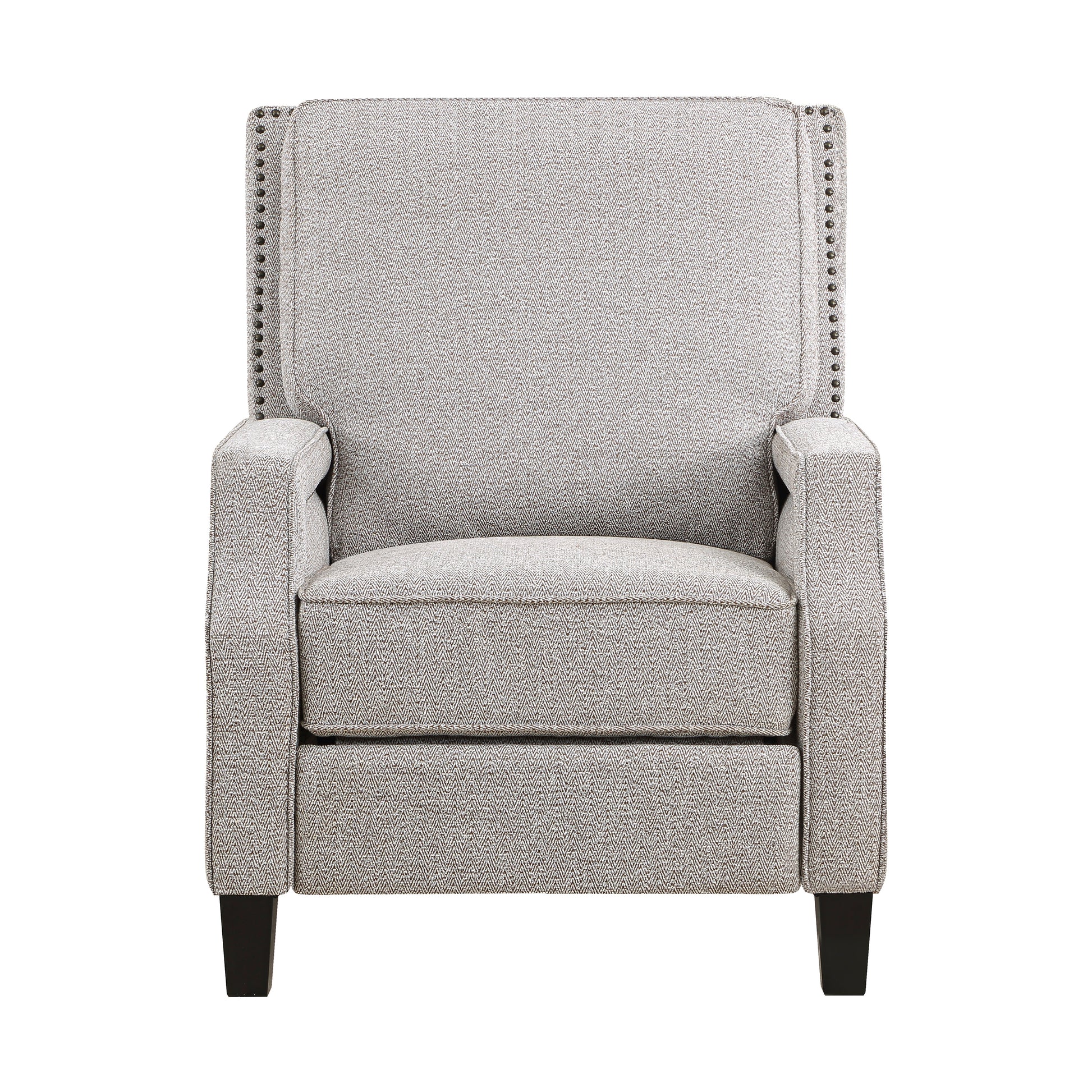 Gray recliner with textured fabric and decorative nailhead trim