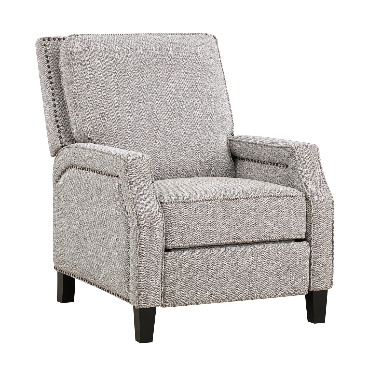 Modern recliner chair in textured grey fabric with decorative nailhead trim