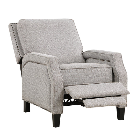 Light gray recliner chair with studded arms and wooden legs