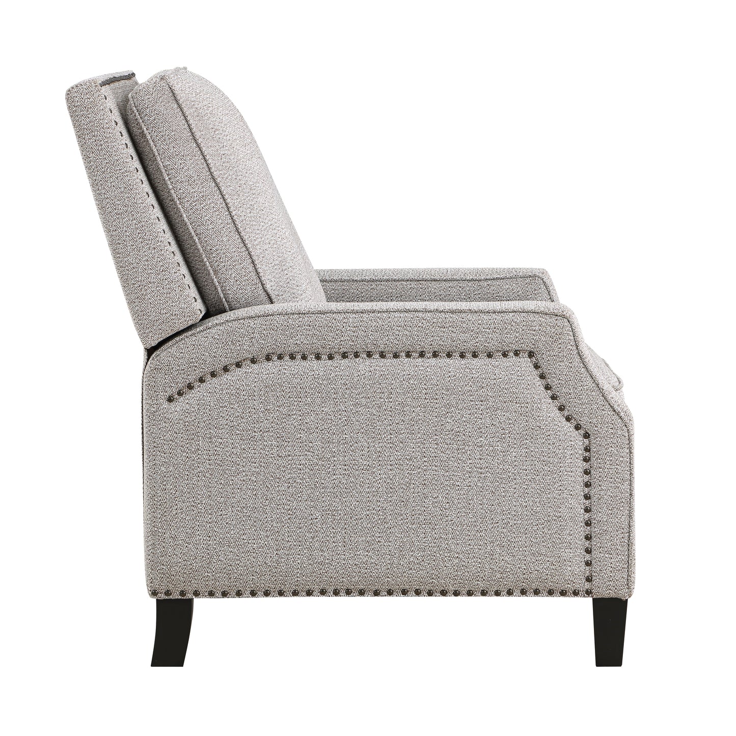 Gray upholstered recliner with studded trim and dark wood legs