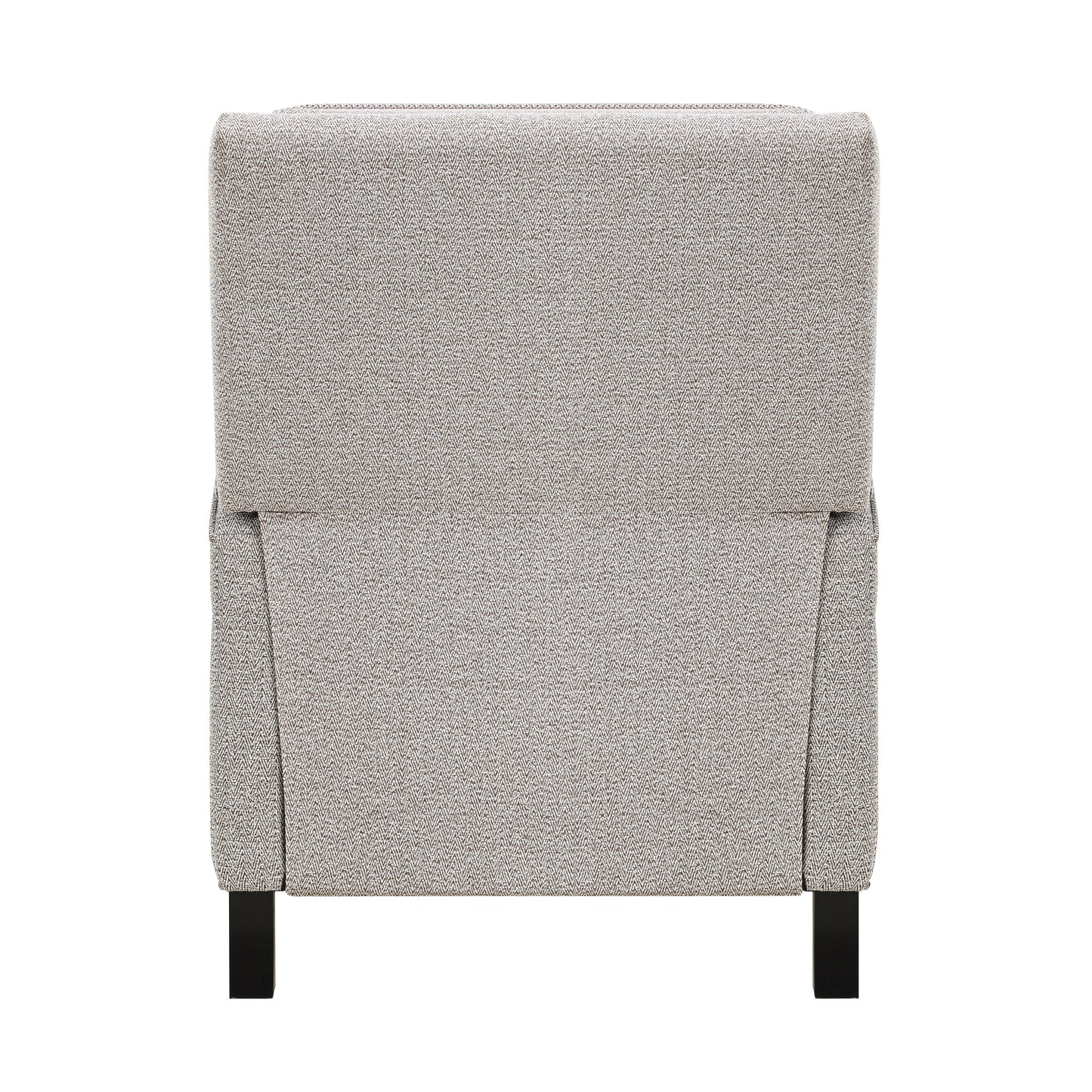 Back view of a grey herringbone fabric armchair with black wooden legs