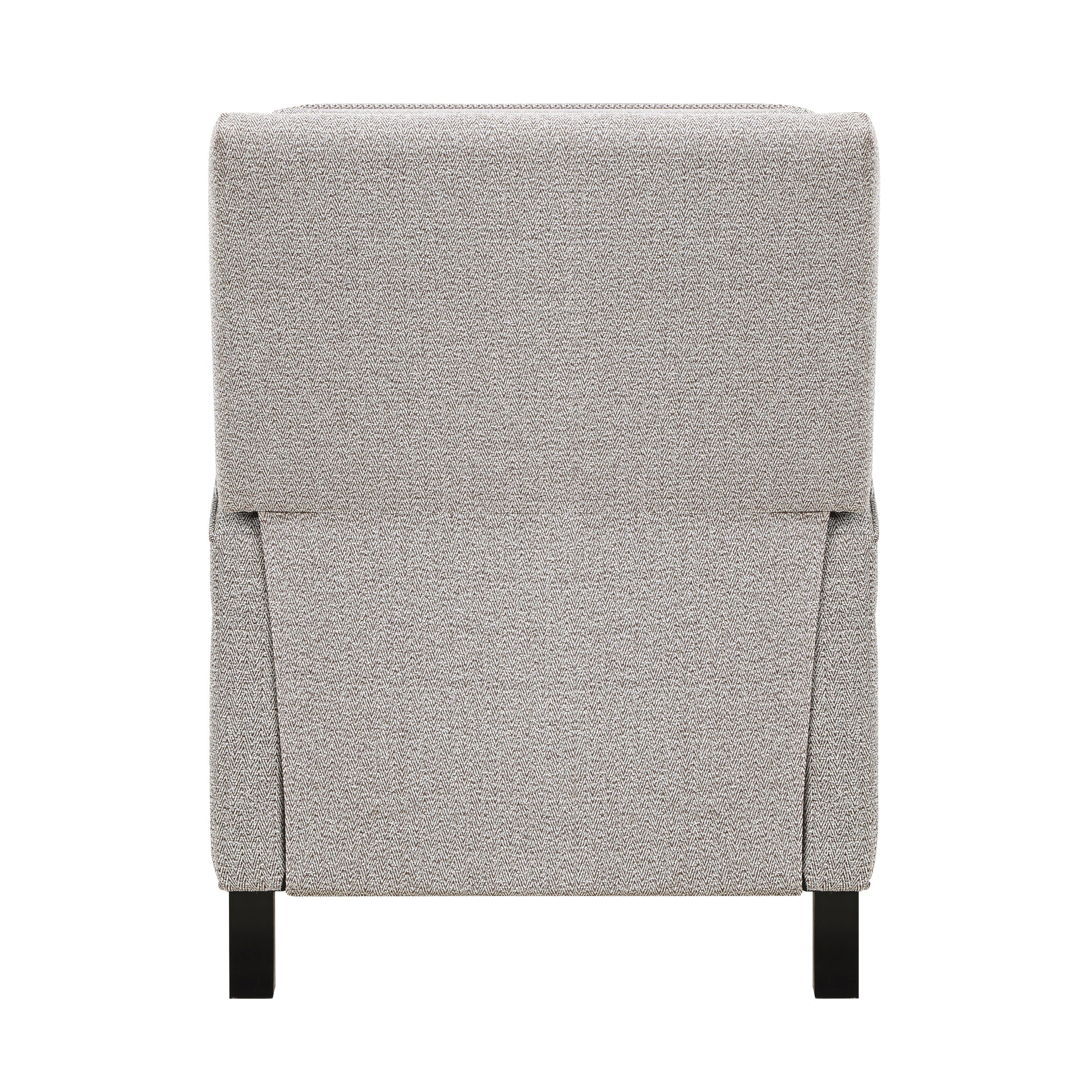 Back view of a grey herringbone fabric armchair with black wooden legs