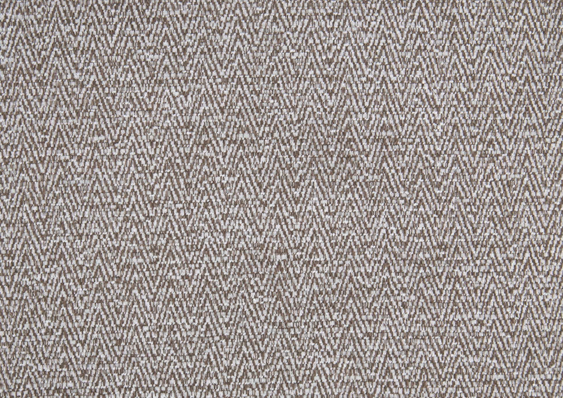 Brown and white chevron weave upholstery fabric with textured surface