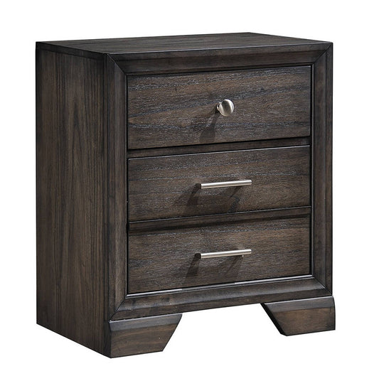 Dark wood nightstand with three drawers and brushed nickel hardware