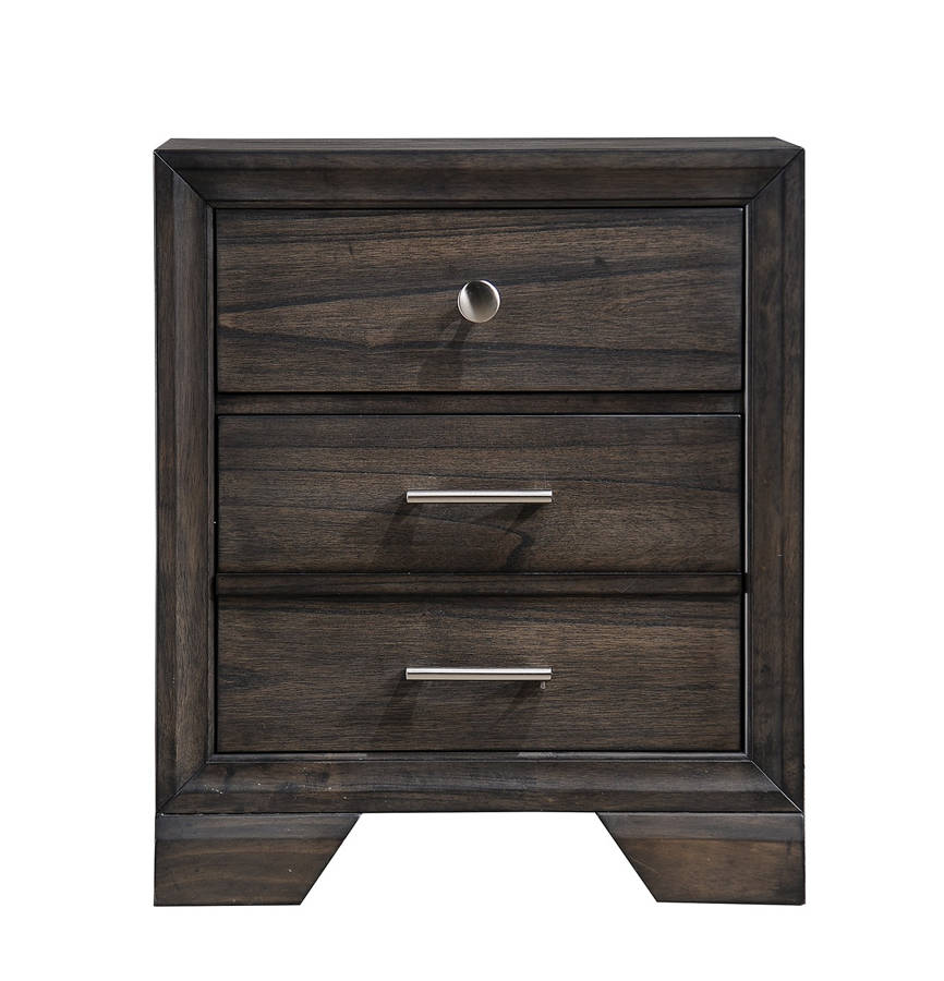 Dark wood nightstand with three drawers and brushed nickel hardware