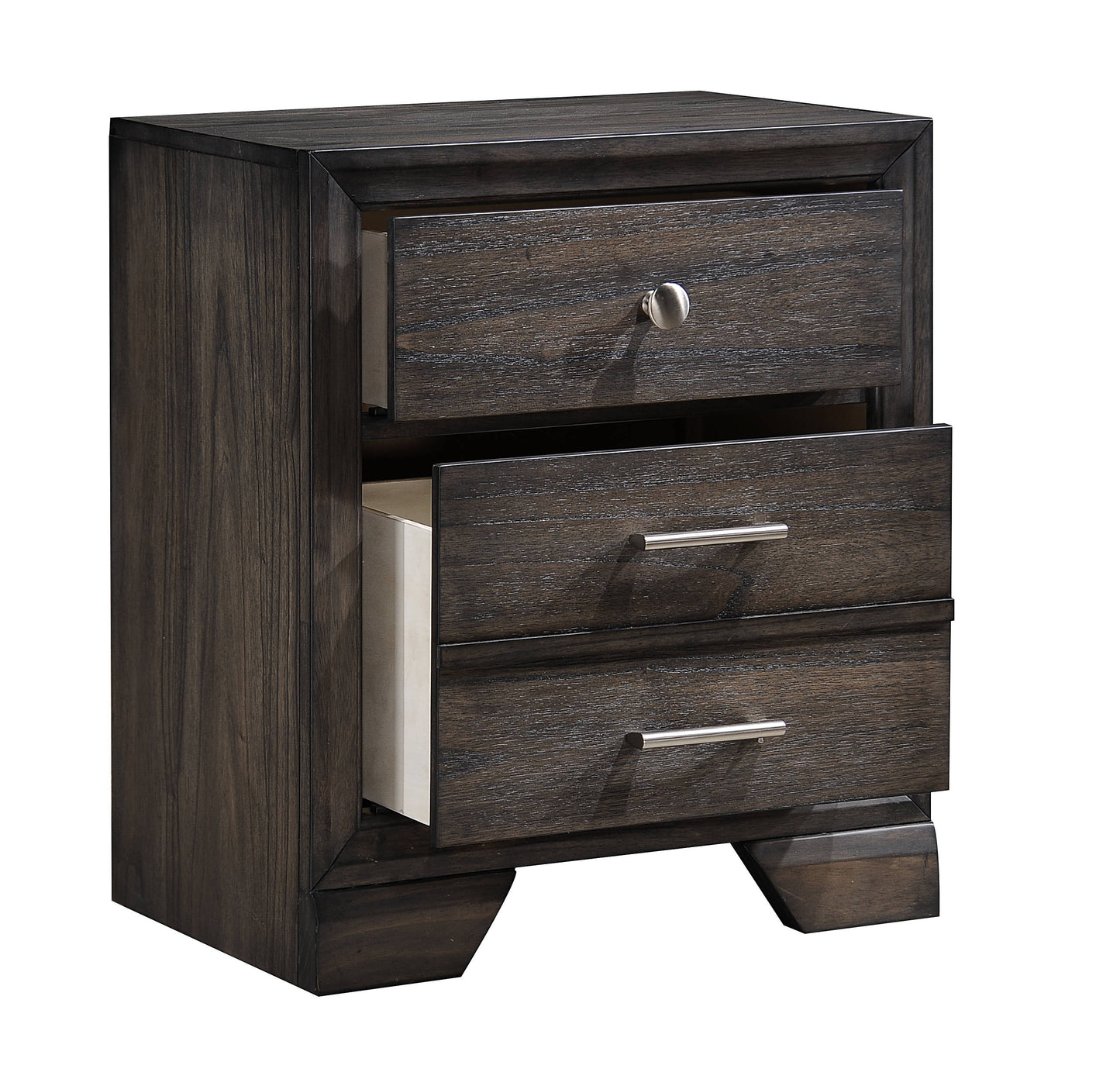 Dark wood nightstand with two drawers featuring brushed nickel hardware