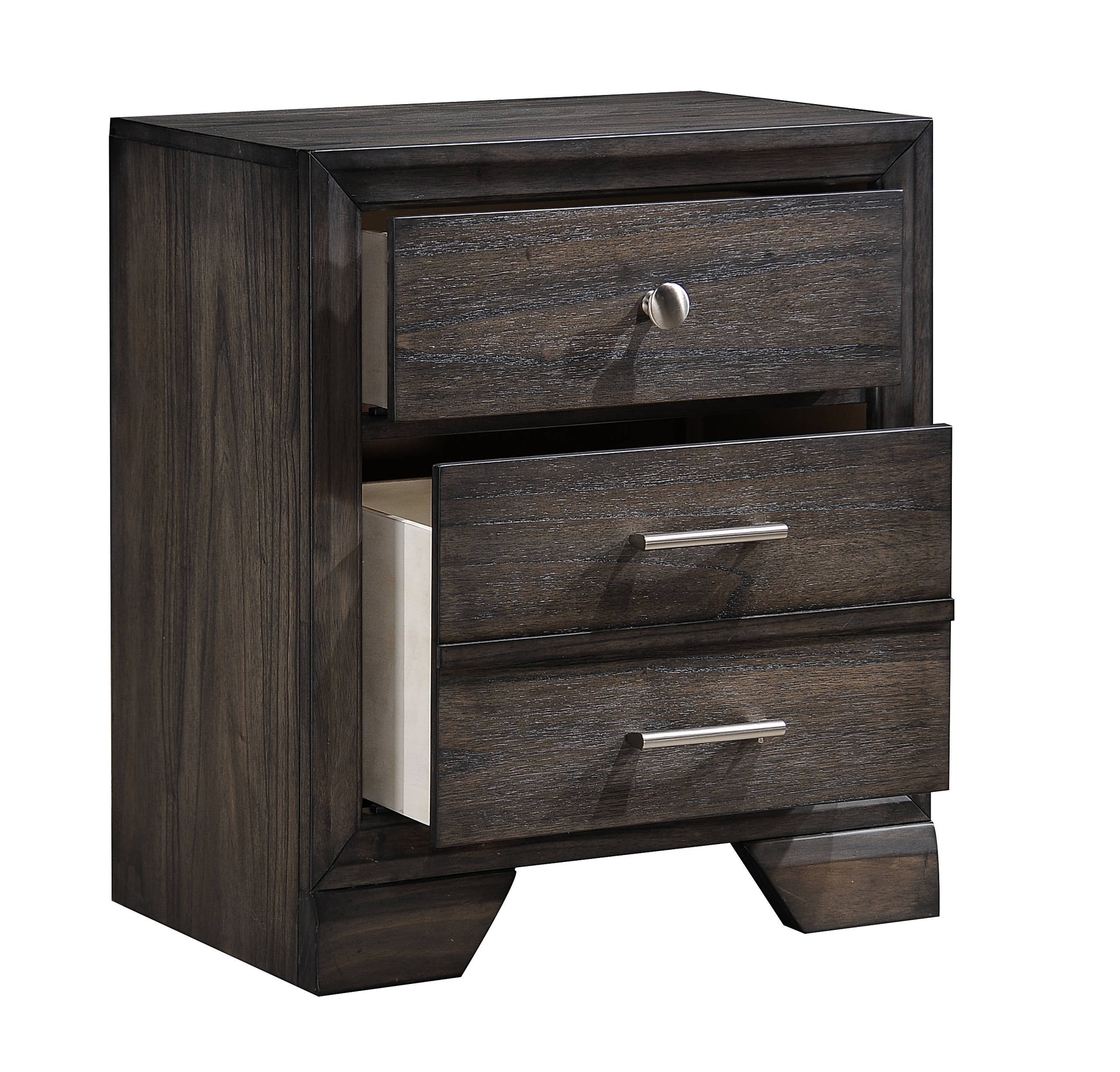 Dark wood nightstand with two drawers featuring brushed nickel hardware