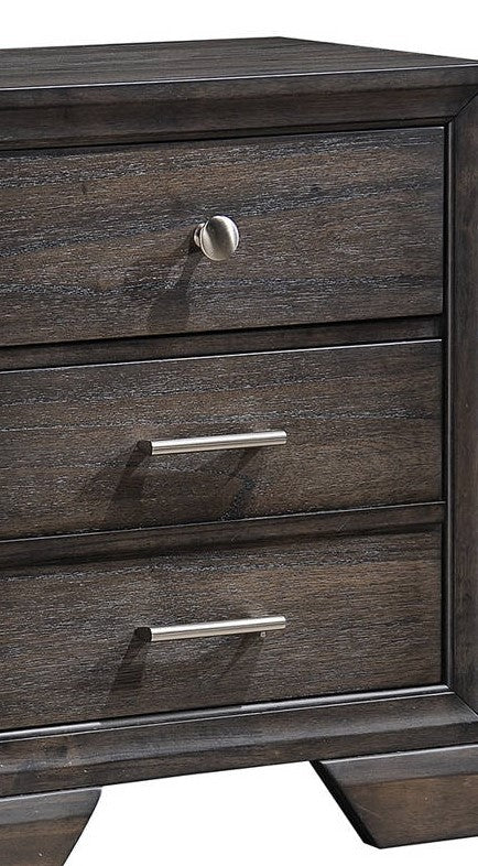 Dark grey wood nightstand with three drawers featuring brushed nickel hardware and a modern design for bedroom storage