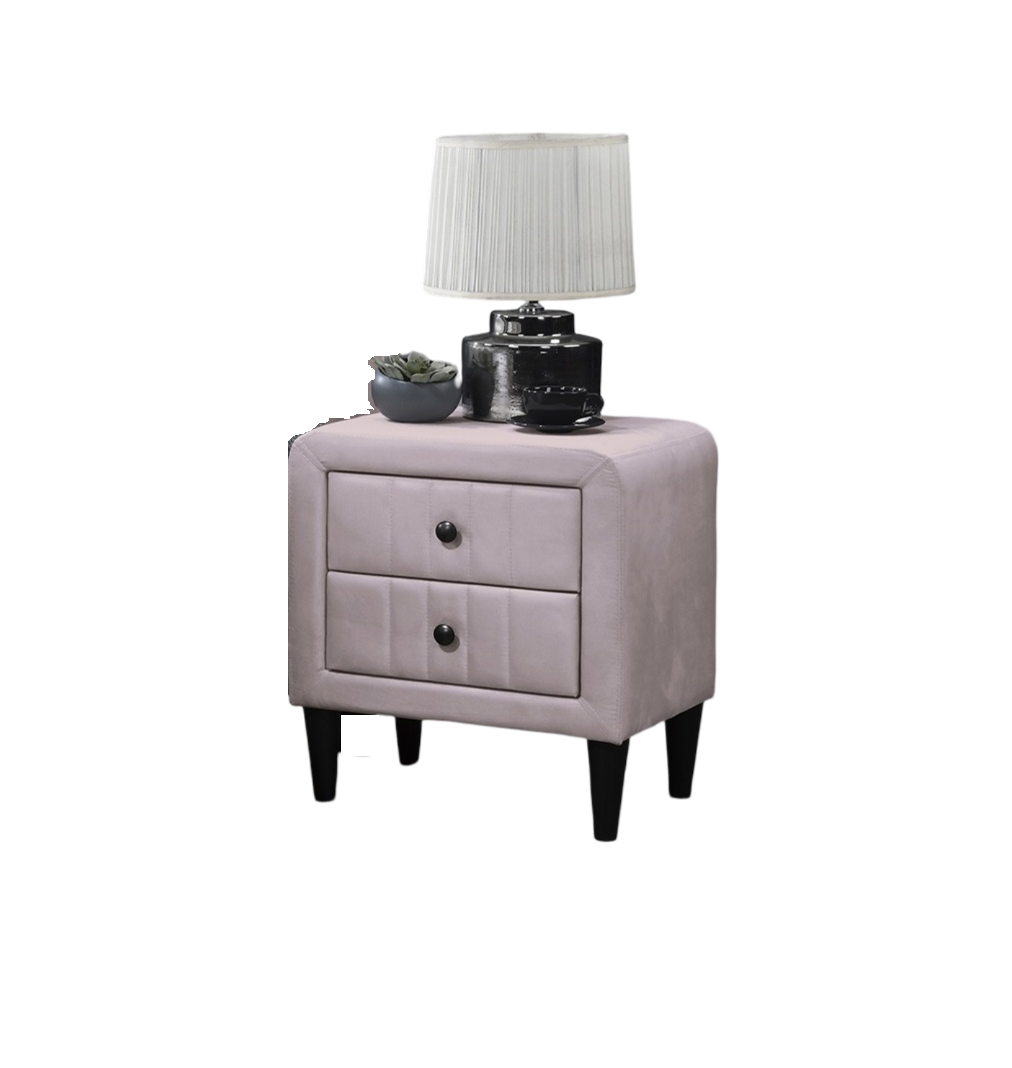 Upholstered grey twodrawer nightstand with black knobs