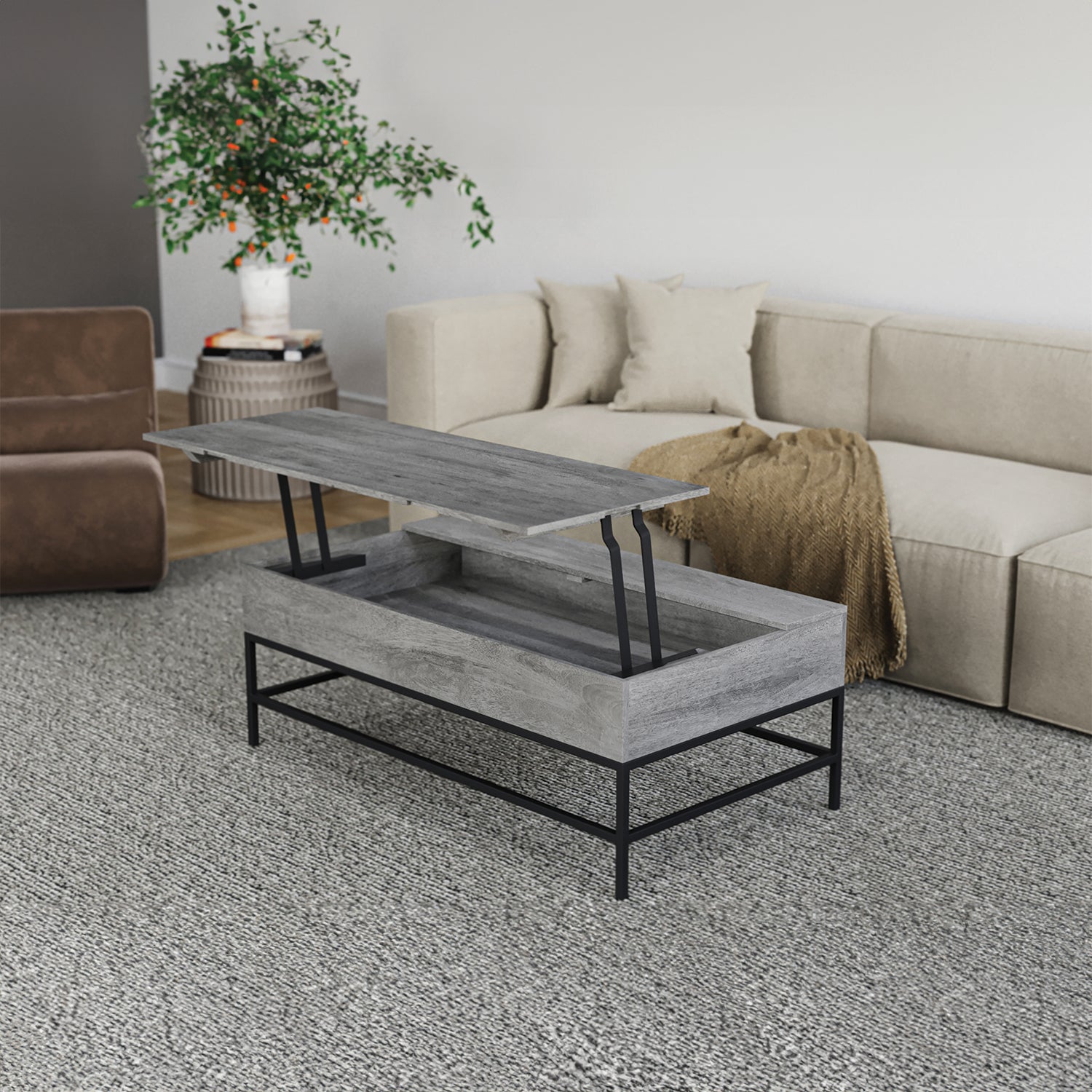 Lifttop coffee table with grey wood finish and black metal frame