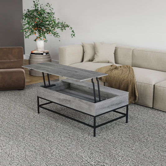 Lifttop coffee table with grey wood finish and black metal frame