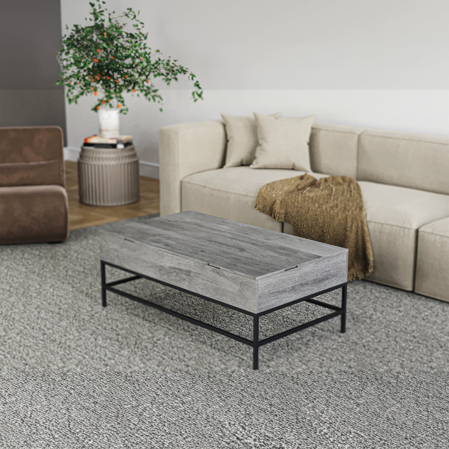 Gray wood lifttop coffee table with black metal frame modern design
