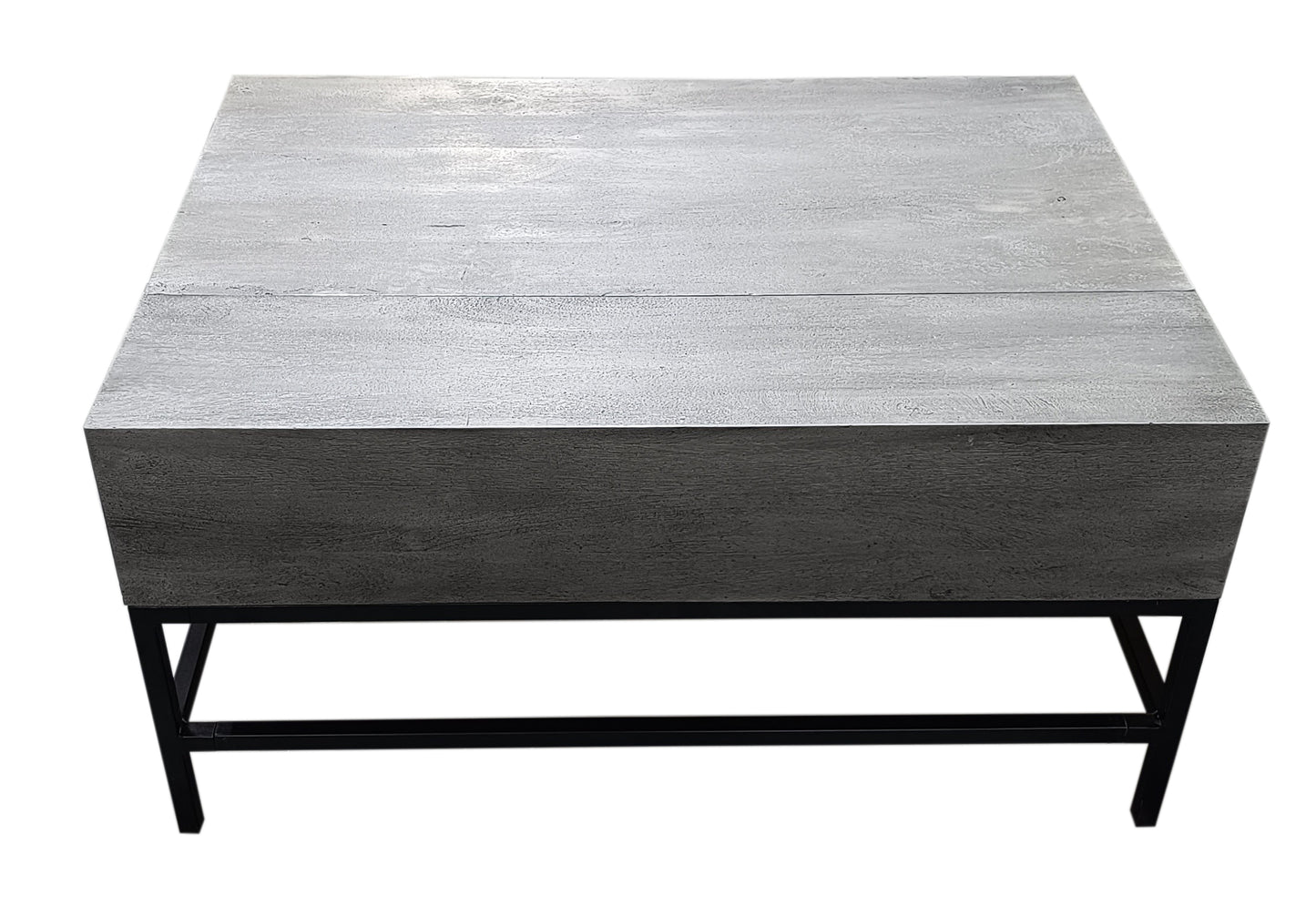 Modern gray concretelook coffee table with black metal legs perfect for contemporary living rooms