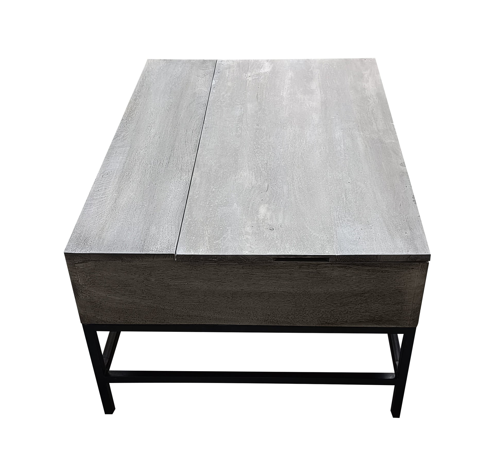 Rustic grey wood lifttop coffee table with black metal legs