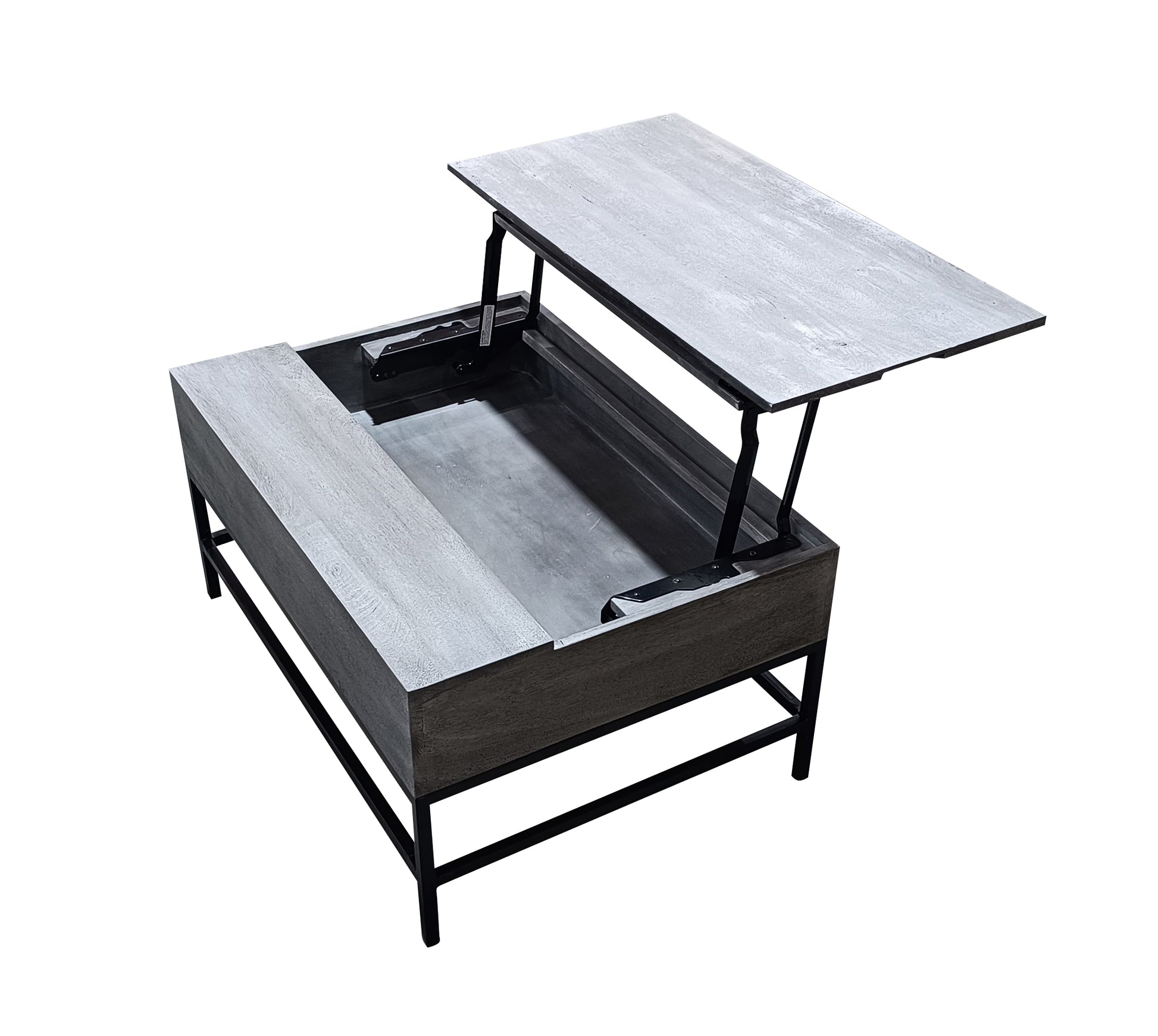 Modern lift top coffee table with grey wood finish and black metal frame