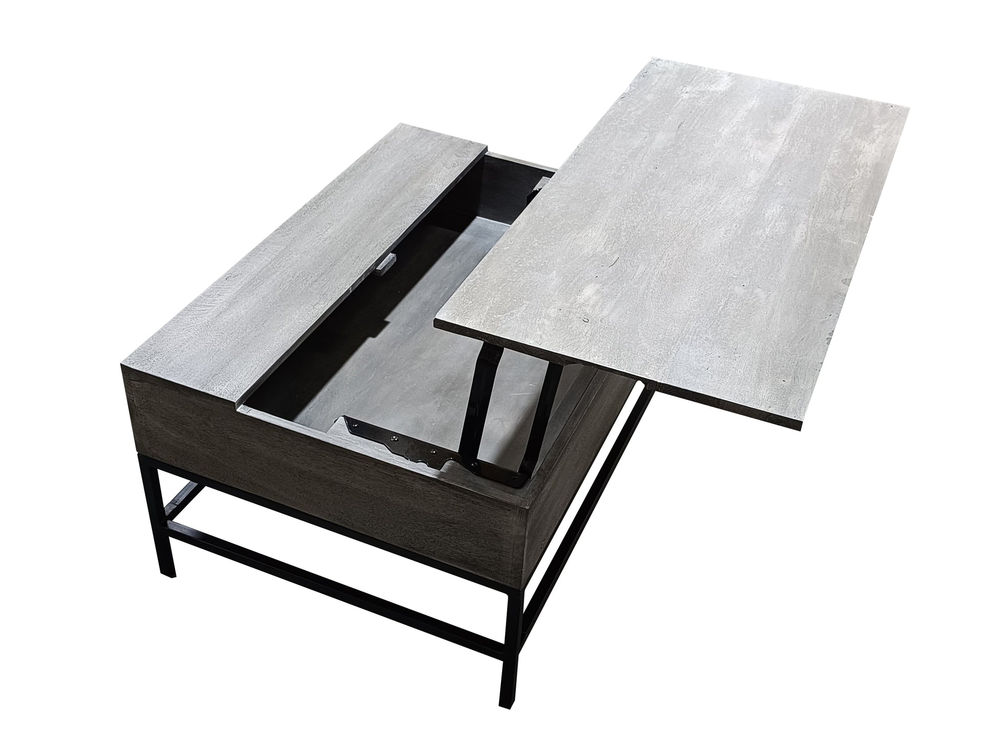 Gray lifttop coffee table with dark wood finish and modern metal legs