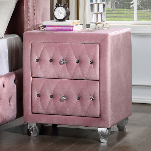 Pink velvet tufted nightstand with crystal drawer pulls