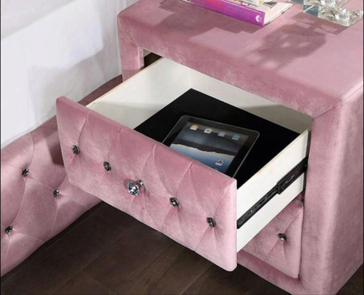 Pink velvet tufted nightstand with crystal hardware
