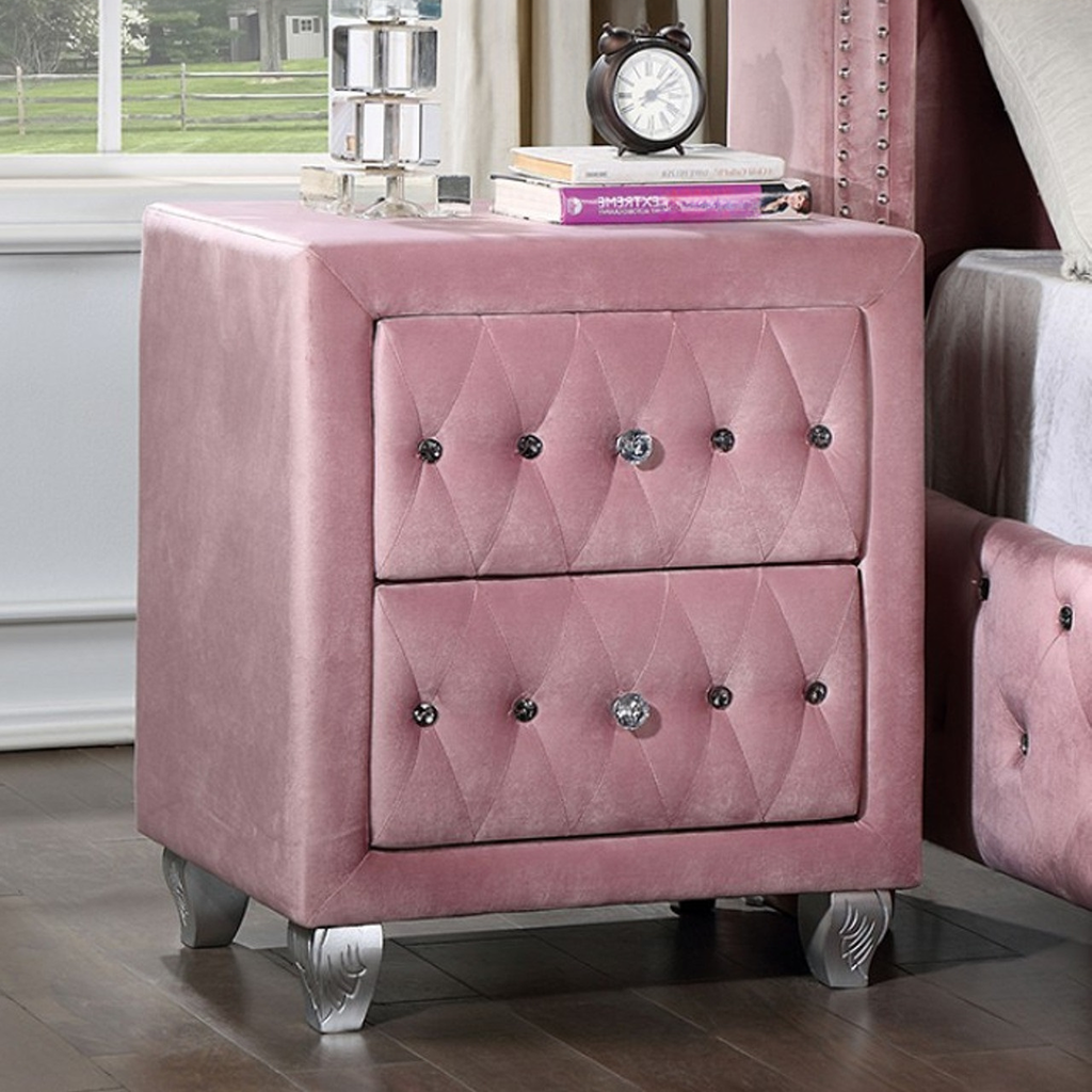 Pink velvet nightstand with diamond tufting and crystal knobs
