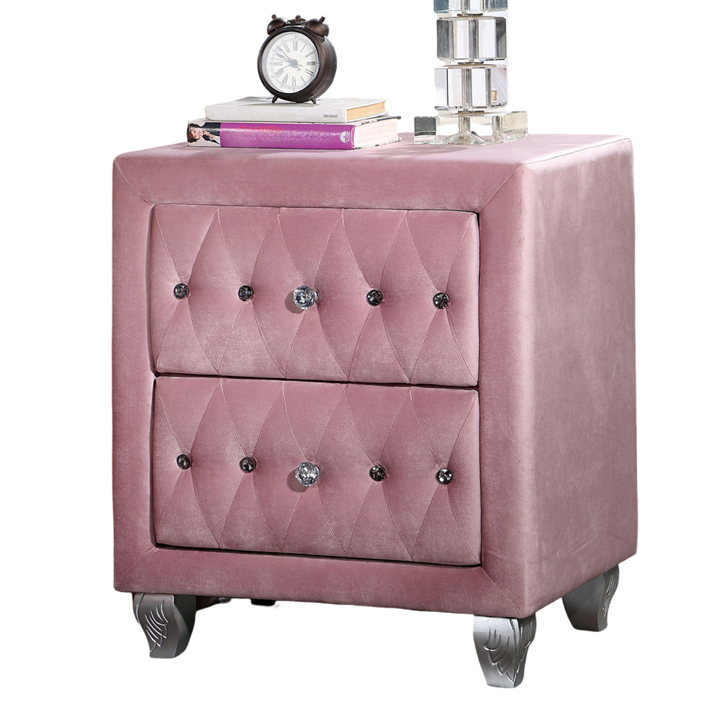 Pink velvet twodrawer nightstand with crystal tufting and silver legs