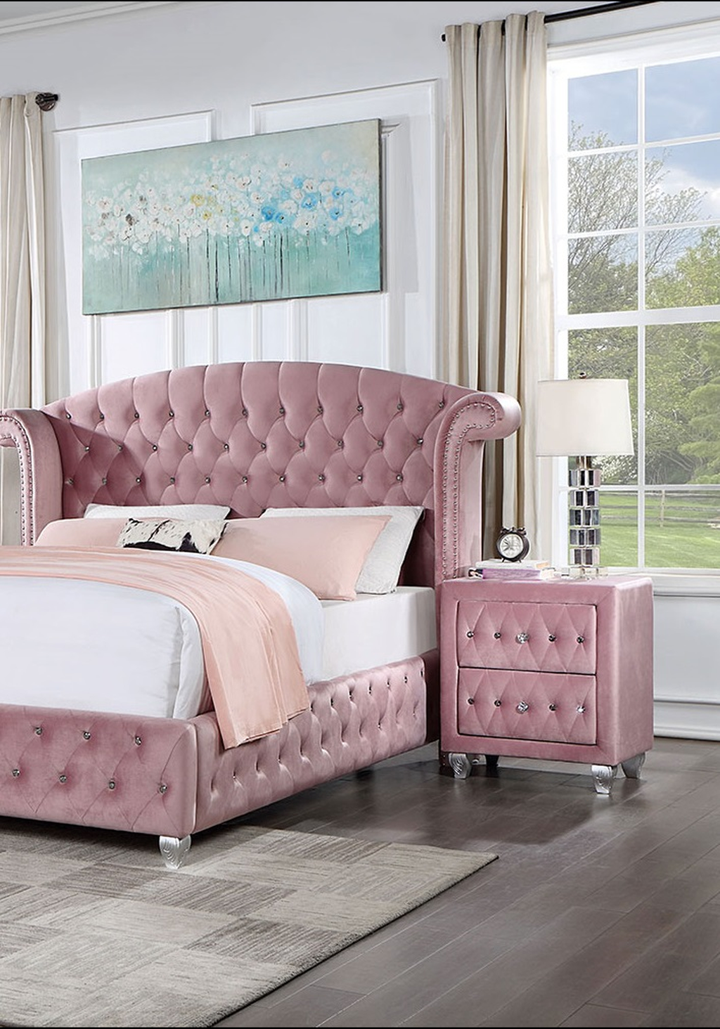Pink velvet tufted queen bed with crystal accents