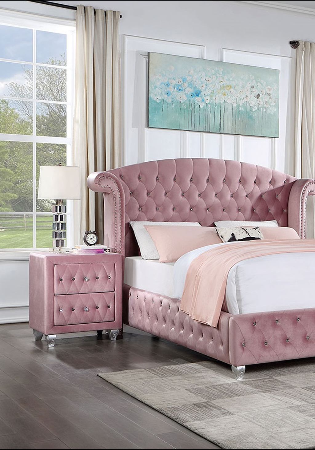 Pink velvet tufted queen bed with crystal knobs and diamondstitched drawers