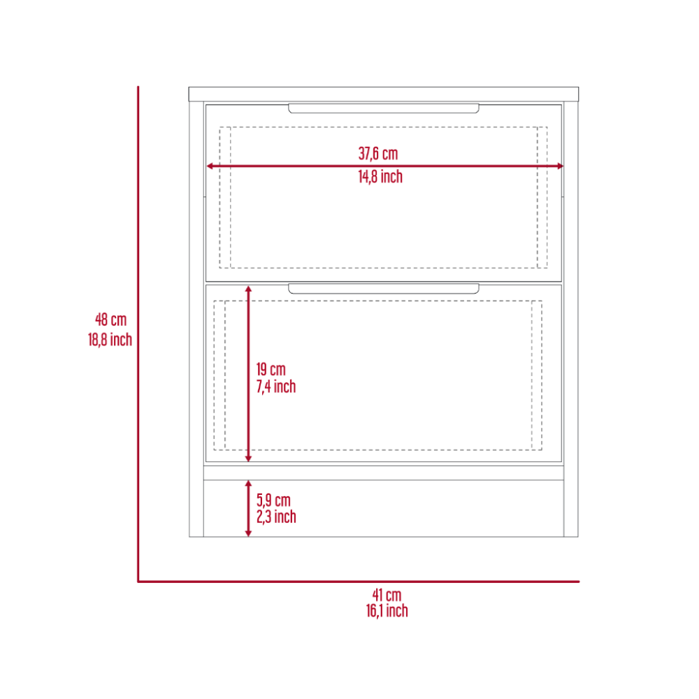 Technical drawing of a twodrawer cabinet with dimensions cm height cm width