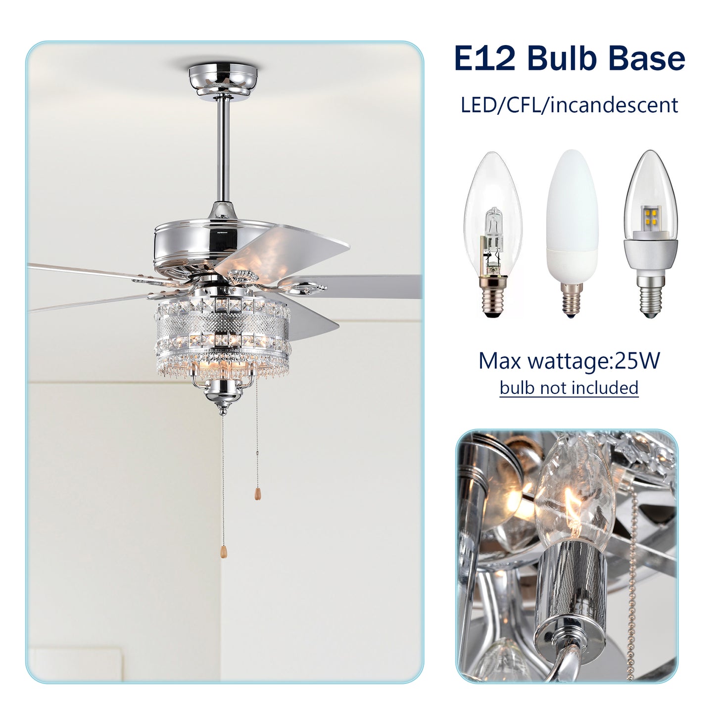 Glamorous chrome ceiling fan with crystal accents and five silver blades
