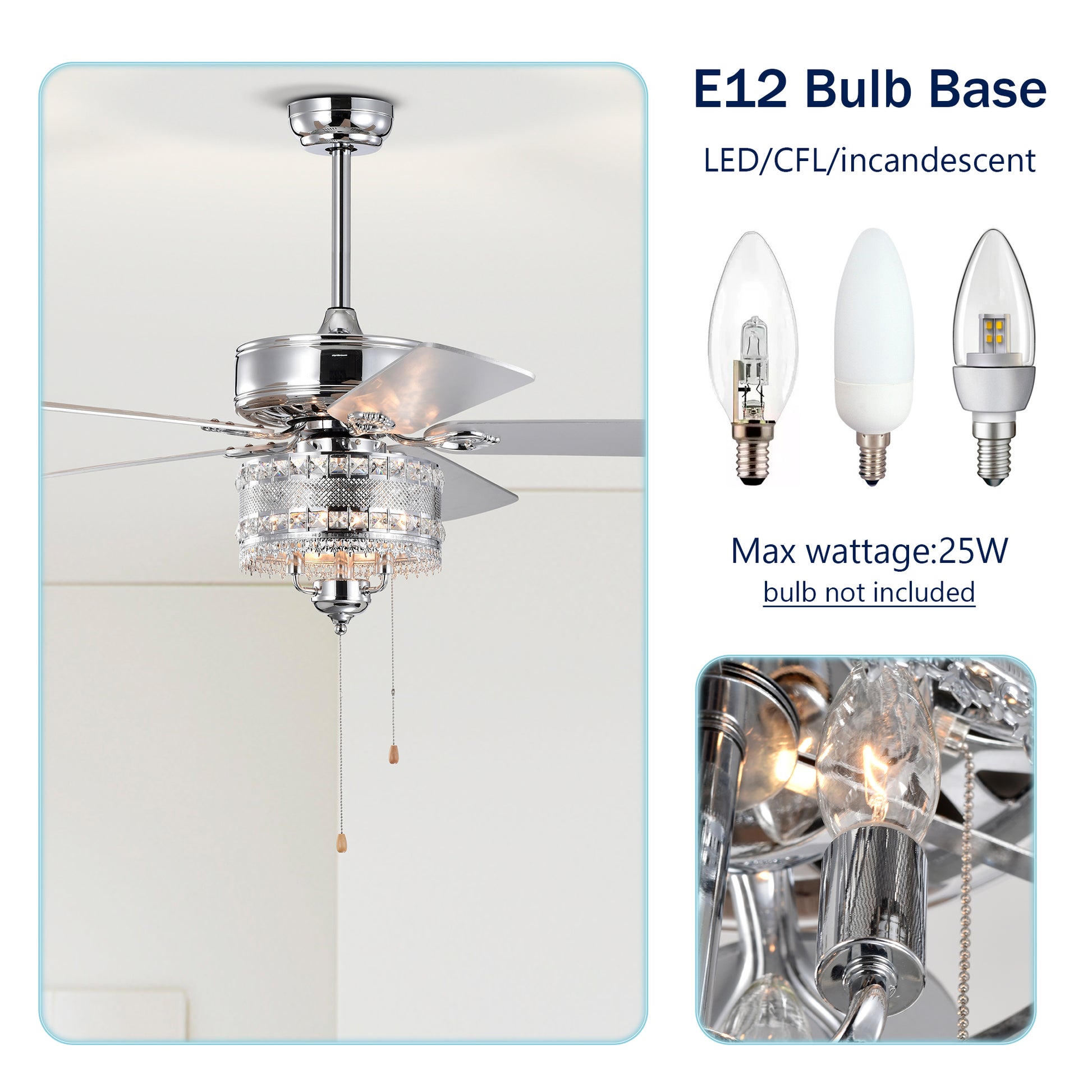 Glamorous chrome ceiling fan with crystal accents and five silver blades