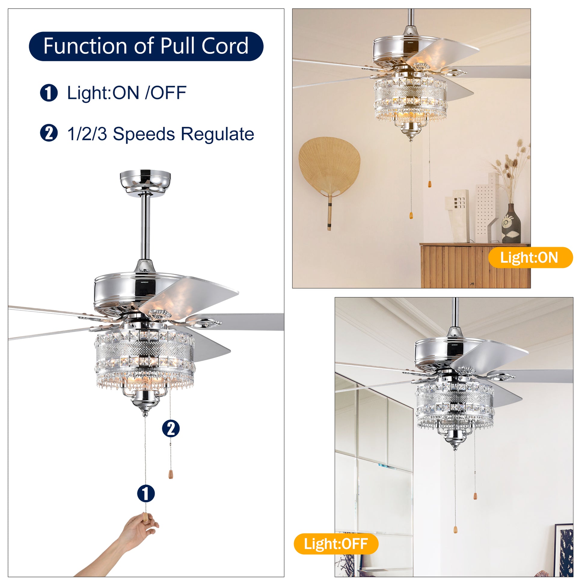 Chrome ceiling fan with crystal chandelier and five silver blades