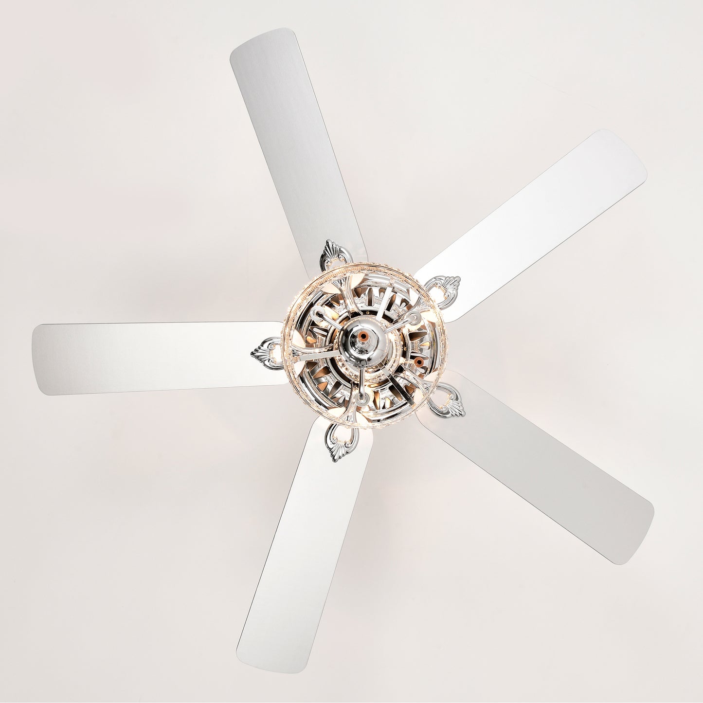 Elegant chrome ceiling fan with five silver blades and crystal accents