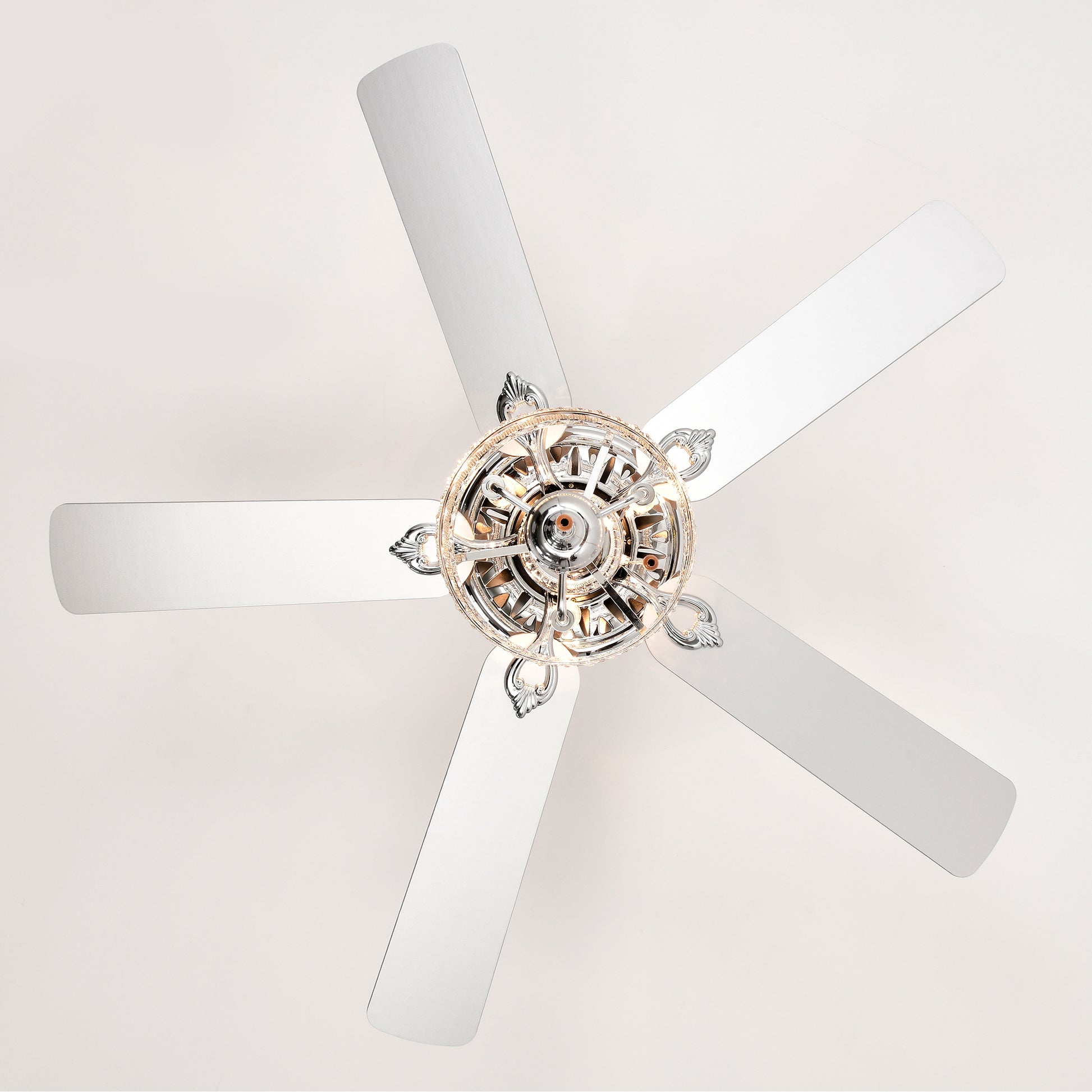 Elegant chrome ceiling fan with five silver blades and crystal accents