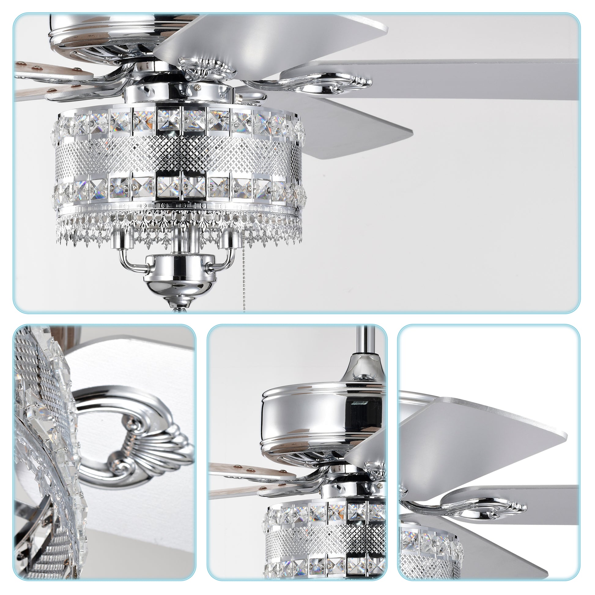 Closeup of a crystalembellished chrome ceiling fan with silver blades