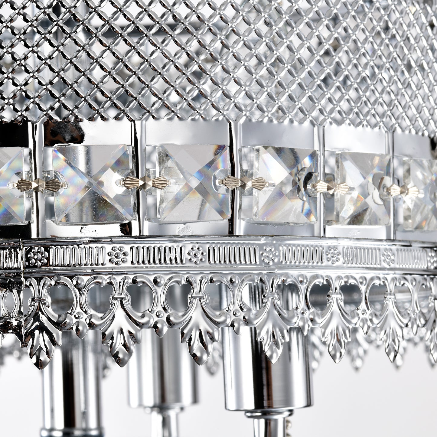 Close up of a silver metal chandelier shade with diamondcut crystals