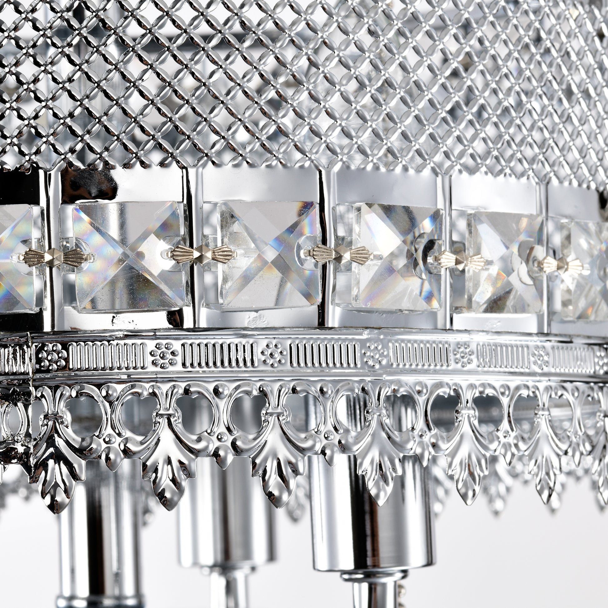 Close up of a silver metal chandelier shade with diamondcut crystals