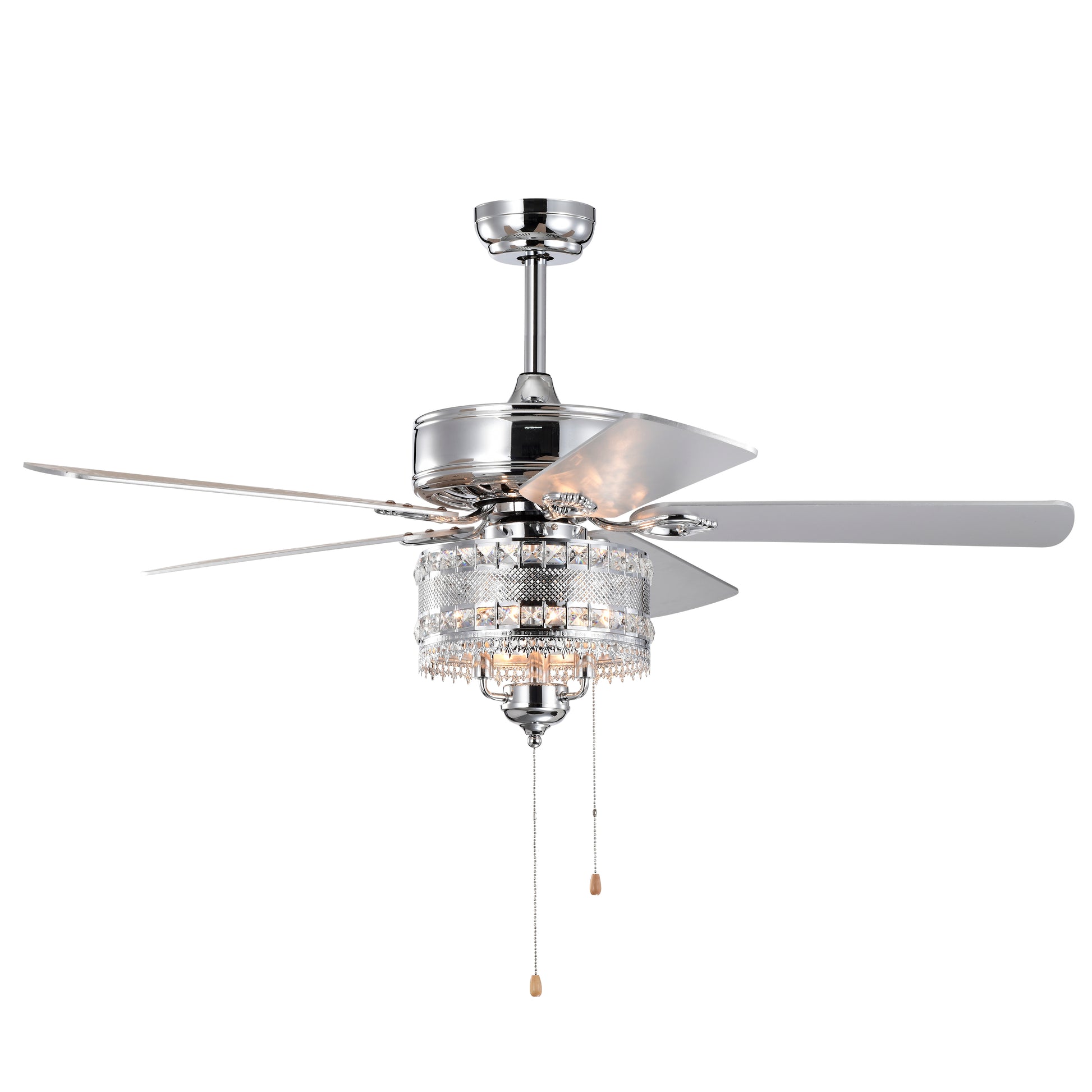 Chrome ceiling fan with five frosted blades and crystal accents perfect for modern living rooms