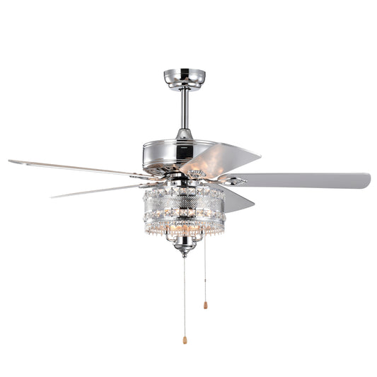 Chrome ceiling fan with five frosted blades and crystal accents perfect for modern living rooms