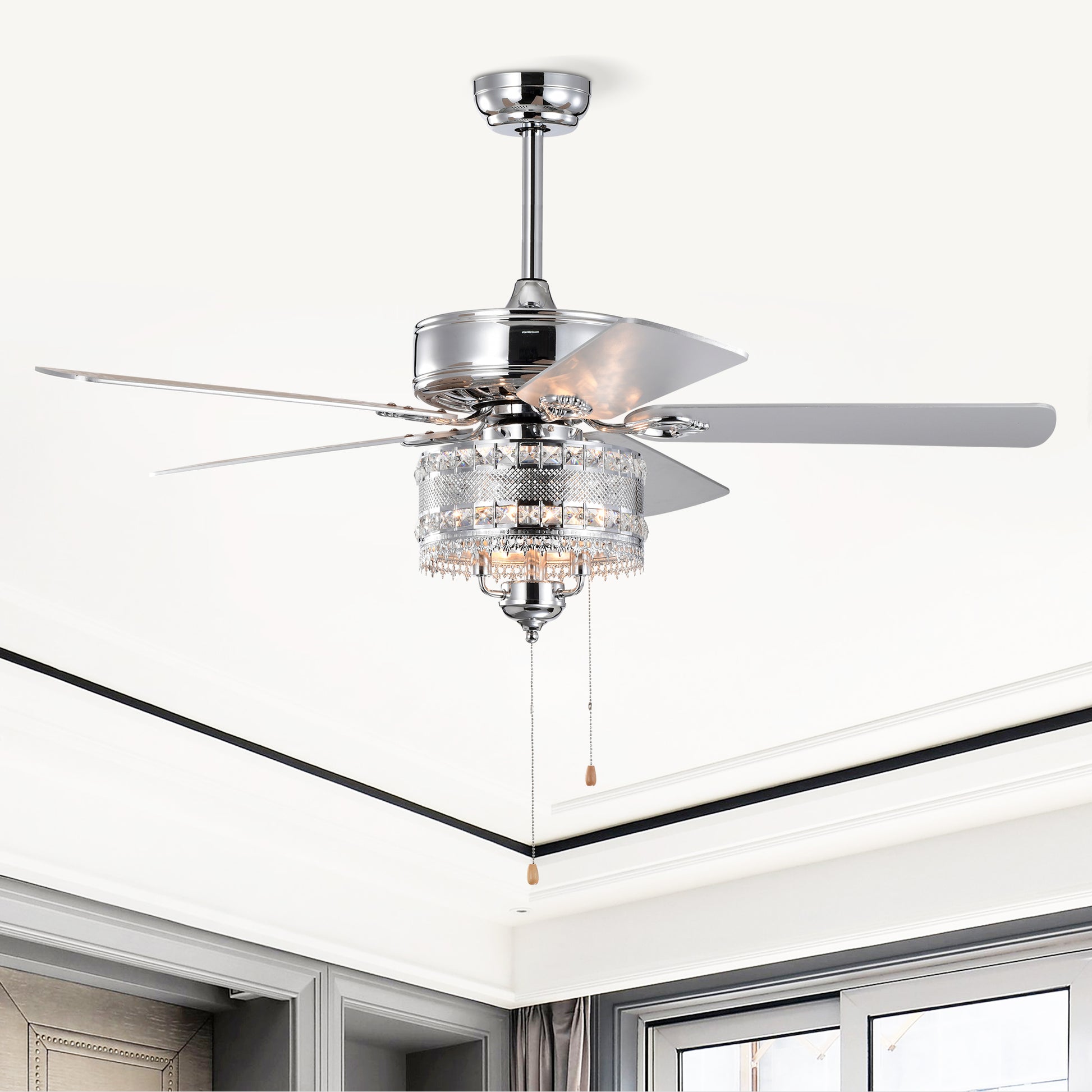 Chrome crystal ceiling fan with five silver blades and integrated light fixture
