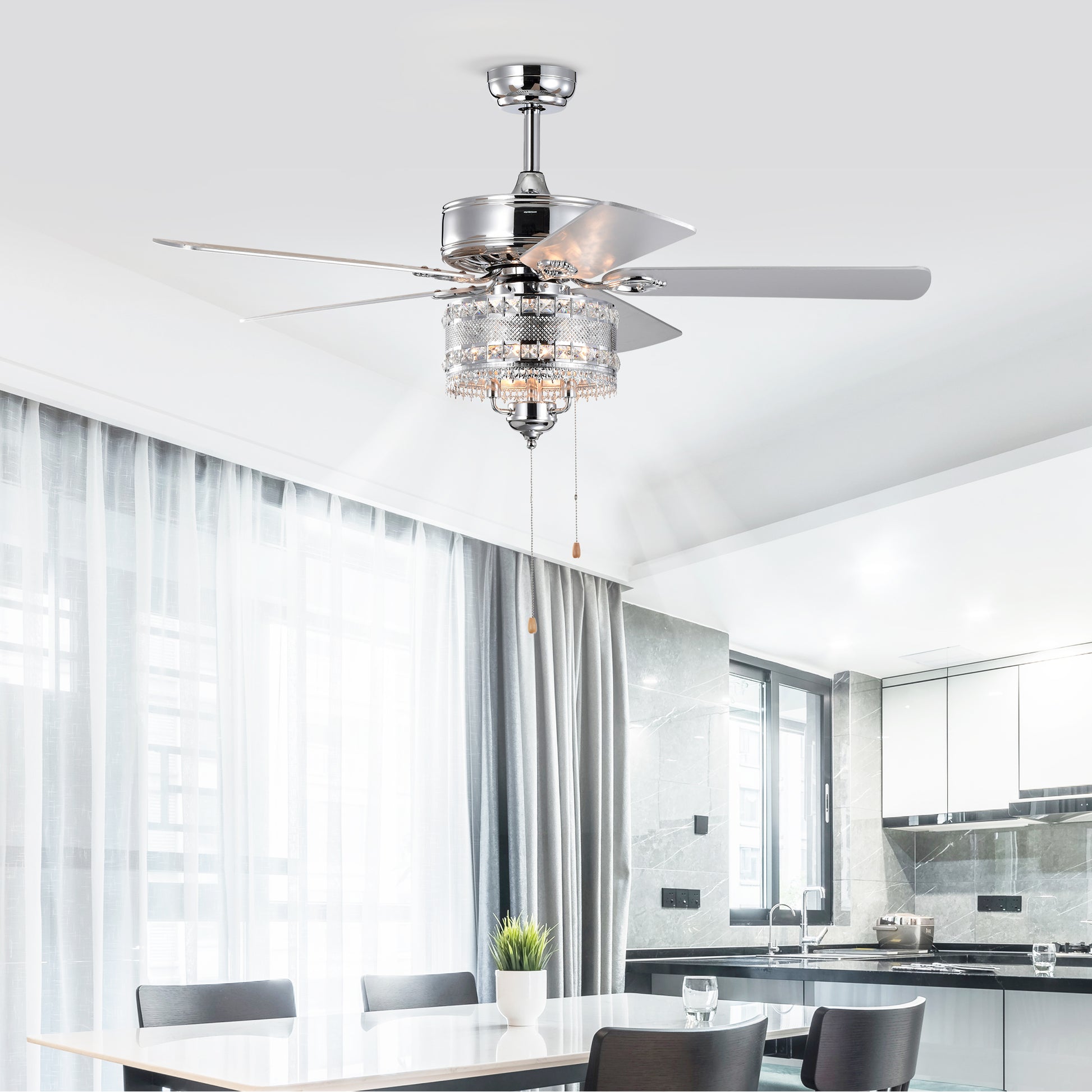 Chrome and crystal ceiling fan with five silver blades and pull chains