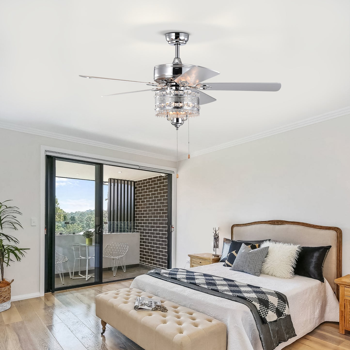 Chrome crystal ceiling fan with  reversible blades and integrated light fixture