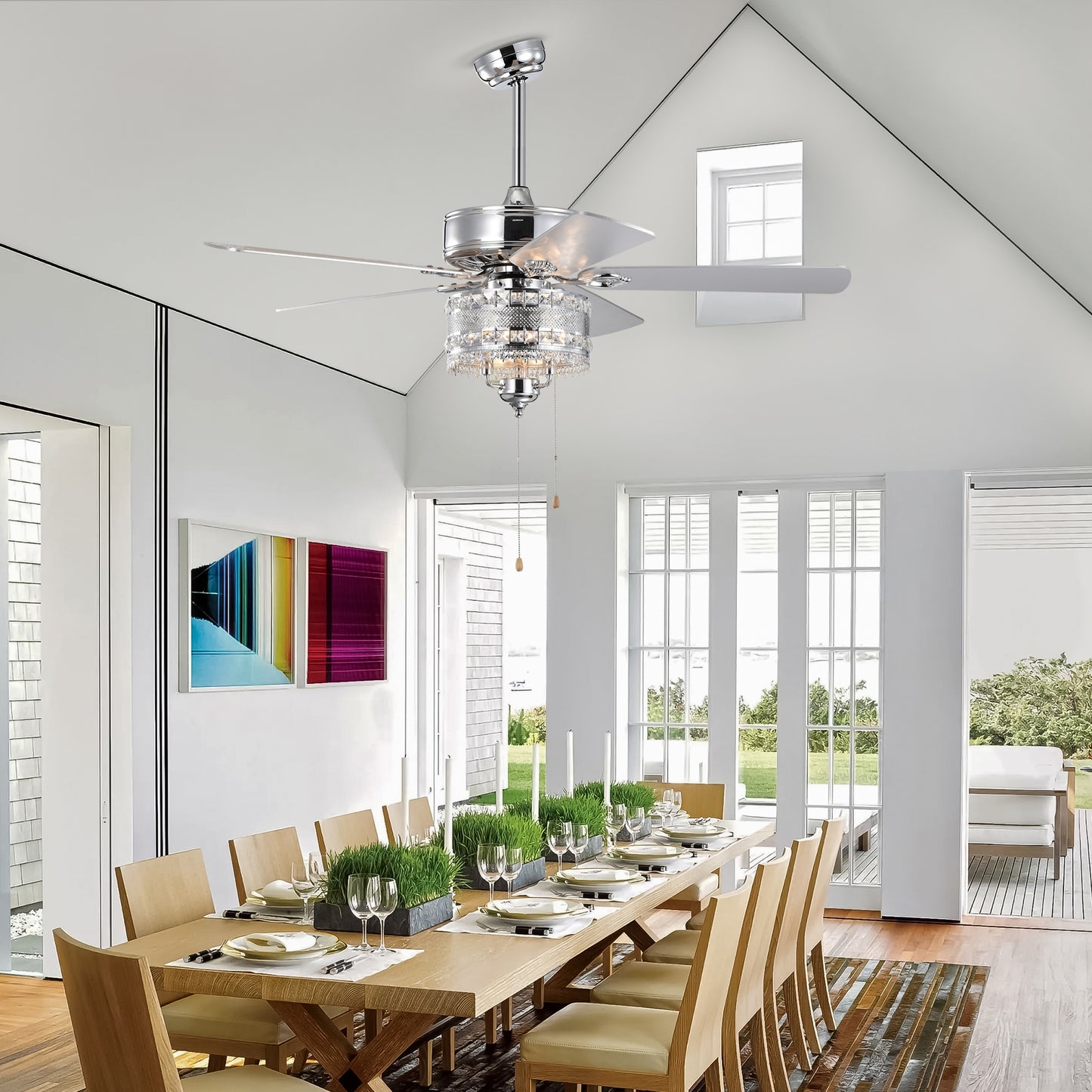 Glamorous chrome ceiling fan with crystal accents and five reversible blades