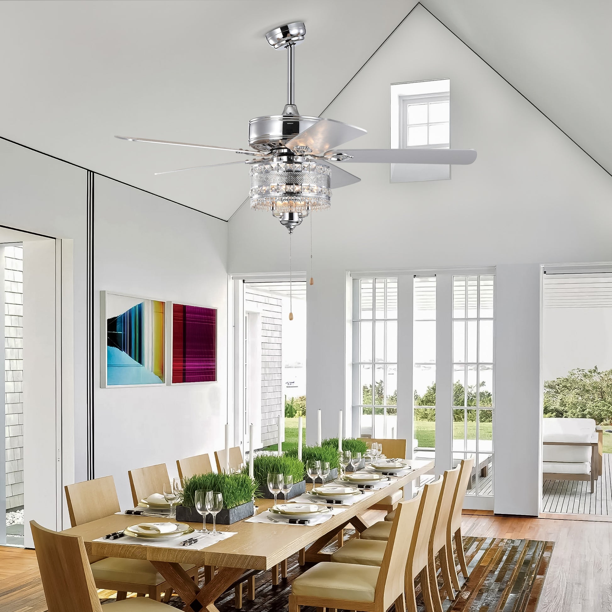 Glamorous chrome ceiling fan with crystal accents and five reversible blades