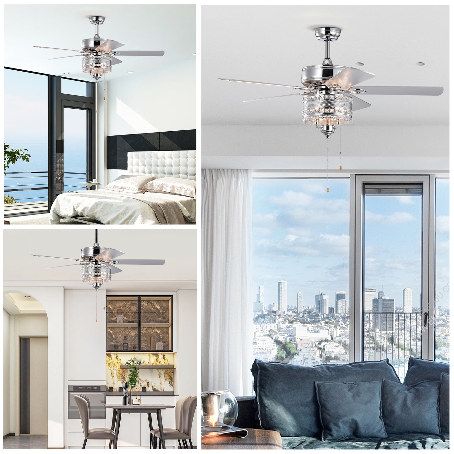 Silver blade ceiling fan with crystal accents and integrated light