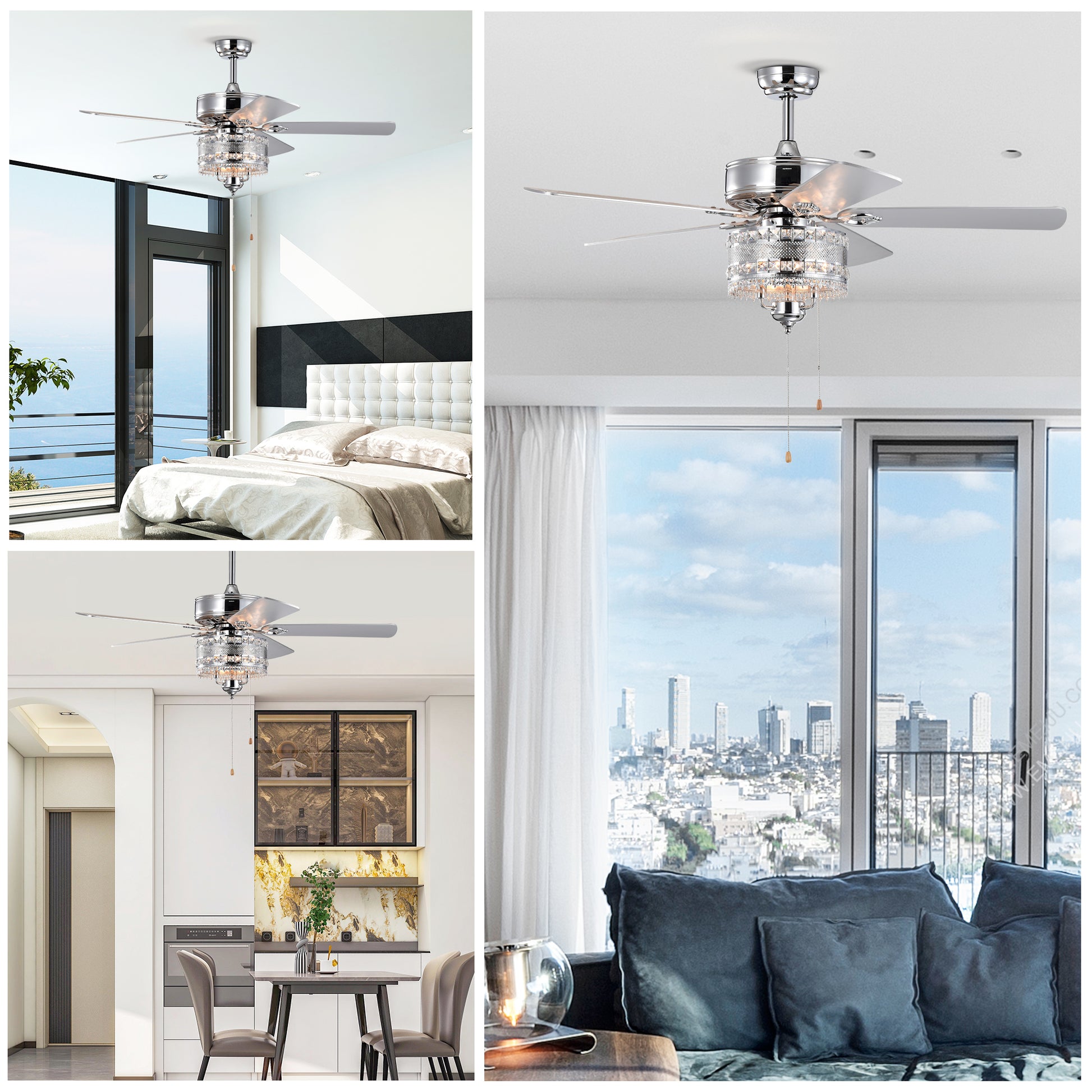 Silver blade ceiling fan with crystal accents and integrated light