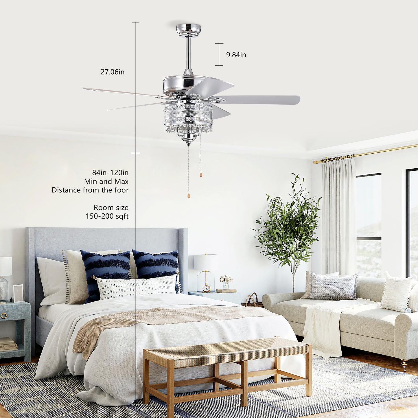 Chrome crystal ceiling fan with  reversible blades ideal for bedrooms