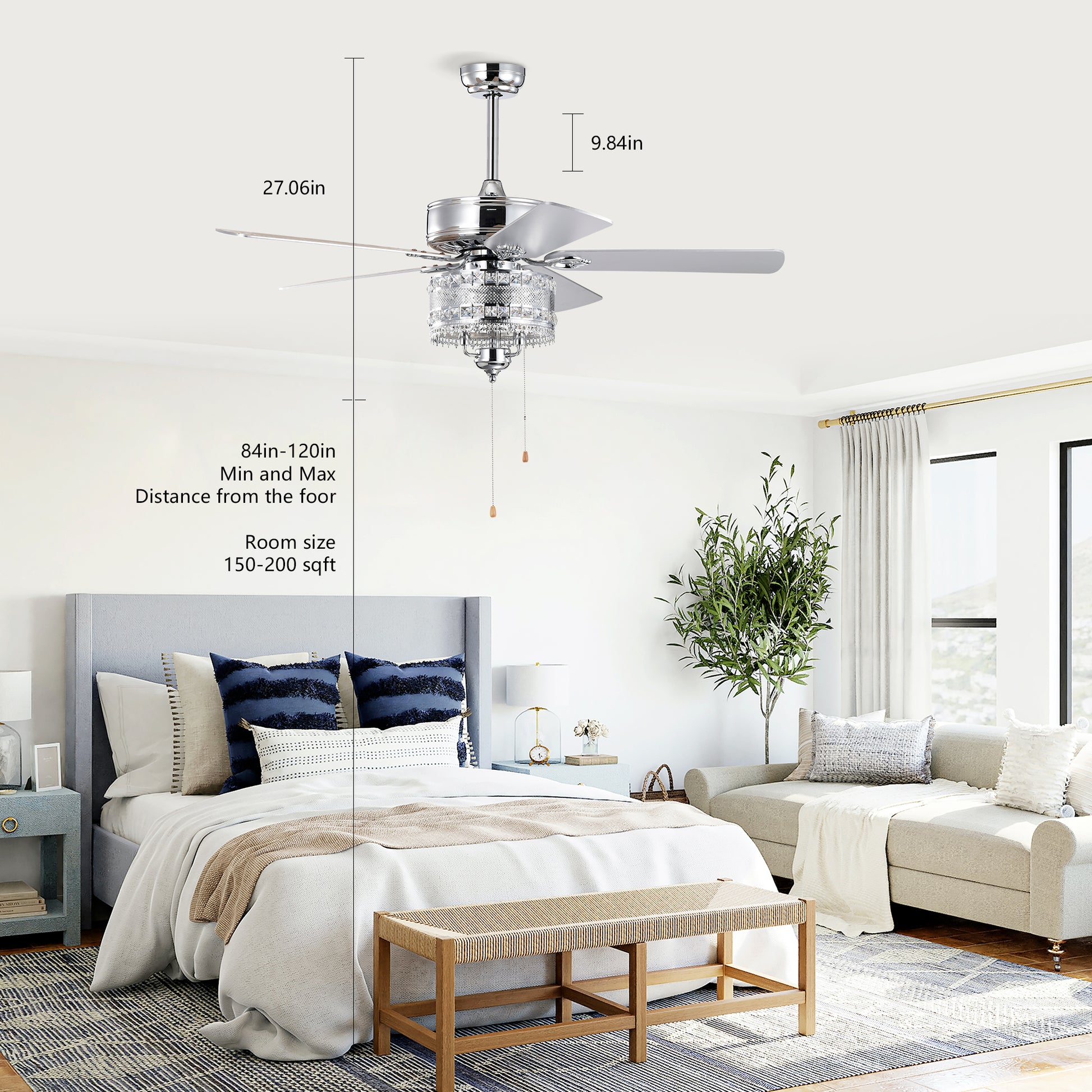 Chrome crystal ceiling fan with  reversible blades ideal for bedrooms